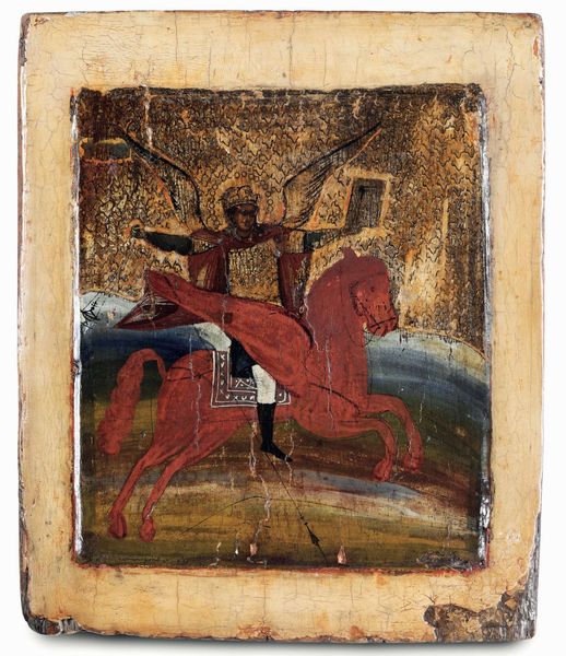 San Michele Arcangelo cavaliere dell'apocalisse. Icona su tavola. Arte russa del XIX secolo  - Asta Argenti antichi  - Associazione Nazionale - Case d'Asta italiane