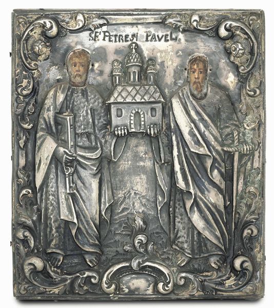 San Pietro e San Paolo. Icona ad olio su tavola. Riza in rame argentato e sbalzato. Arte russa del XIX secolo  - Asta Argenti antichi  - Associazione Nazionale - Case d'Asta italiane