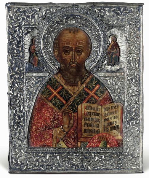 San Nicola. Icona su tavola. Riza in argento sbalzato e cesellato. Arte russa, inizi del XIX secolo (marchi consunti di difficile lettura)  - Asta Argenti antichi  - Associazione Nazionale - Case d'Asta italiane