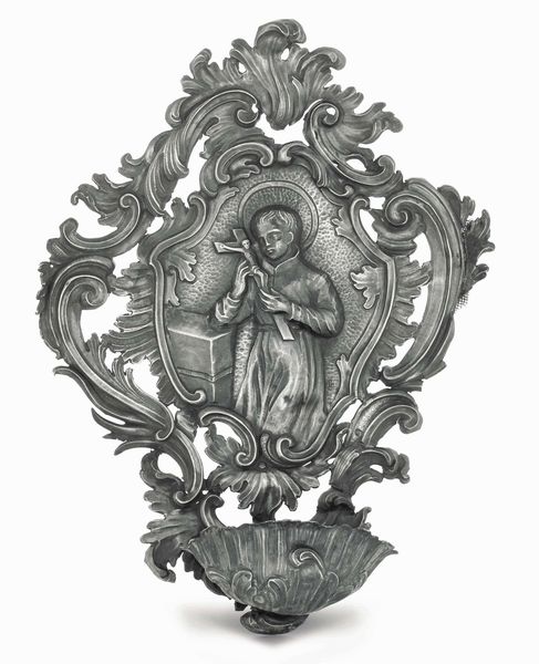 Acquasantiera con raffigurazione di San Luigi Gonzaga. Argento sbalzato, traforato e cesellato. Genova, bollo della Torretta per lanno (1)762  - Asta Argenti antichi  - Associazione Nazionale - Case d'Asta italiane