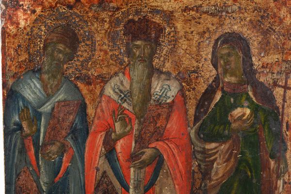 Tre Santi. Icona su tavola a fondo oro. Arte Russa del XVIII secolo  - Asta Argenti del XX secolo - Associazione Nazionale - Case d'Asta italiane