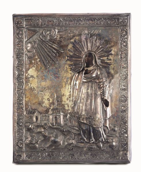 Icona su tavola. Riza in argento sbalzato, traforato e cesellato. Mosca 1803. Assaggiatore Mikail Karpinskiy. Argentiere non identificato Santa martire Barbara  - Asta Argenti del XX secolo - Associazione Nazionale - Case d'Asta italiane