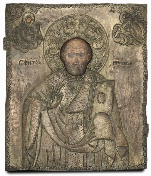 San Nicola. Icola ad olio su tavola. Riza in rame sbalzato, cesellato e argentato. Scuola russa del XIX secolo  - Asta Argenti del XX secolo - Associazione Nazionale - Case d'Asta italiane