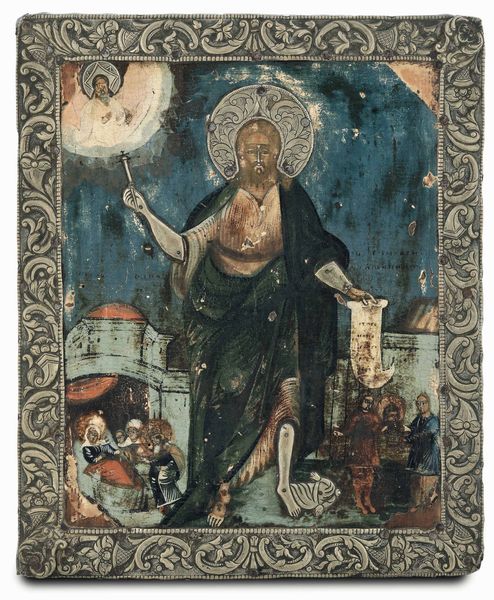 San Giovanni Battista. Icona ad olio su tavola. Cornice ad applicazioni in rame sbalzato e argentato. Arte russa del XIX secolo  - Asta Argenti del XX secolo - Associazione Nazionale - Case d'Asta italiane