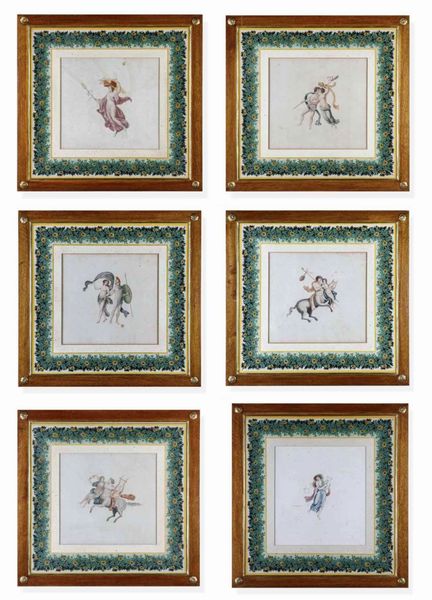 Lotto di sei incisioni acquerellate. XIX secolo, probabile scuola di Raffaele Giovine  - Asta Dimore italiane  - Associazione Nazionale - Case d'Asta italiane