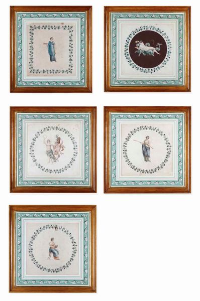 Lotto di cinque incisioni acquerellate. XIX secolo, probabile scuola di Raffaele Giovine  - Asta Dimore italiane  - Associazione Nazionale - Case d'Asta italiane