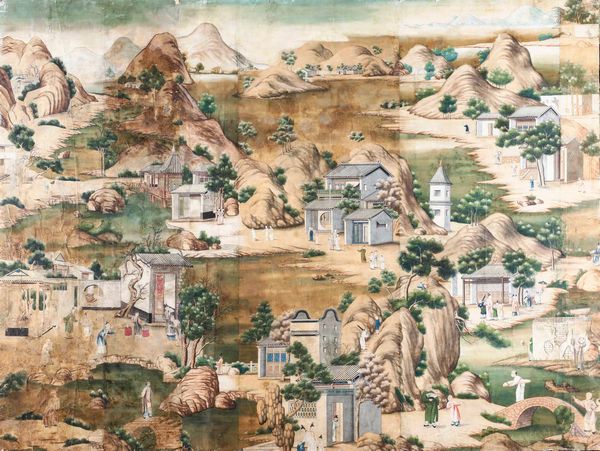 Tre grandi dipinti su carta raffiguranti paesaggio con scene di vita comune, Cina, Dinastia Qing, epoca Qianlong (1736-1796)  - Asta Dimore italiane  - Associazione Nazionale - Case d'Asta italiane