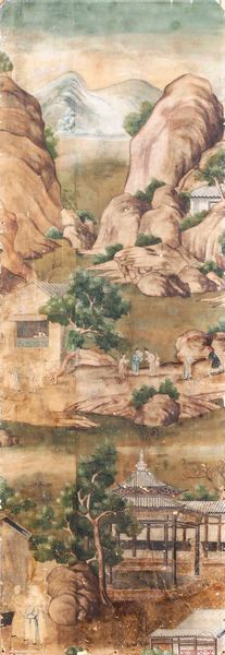 Tre grandi dipinti su carta raffiguranti paesaggio con scene di vita comune, Cina, Dinastia Qing, epoca Qianlong (1736-1796)  - Asta Dimore italiane  - Associazione Nazionale - Case d'Asta italiane