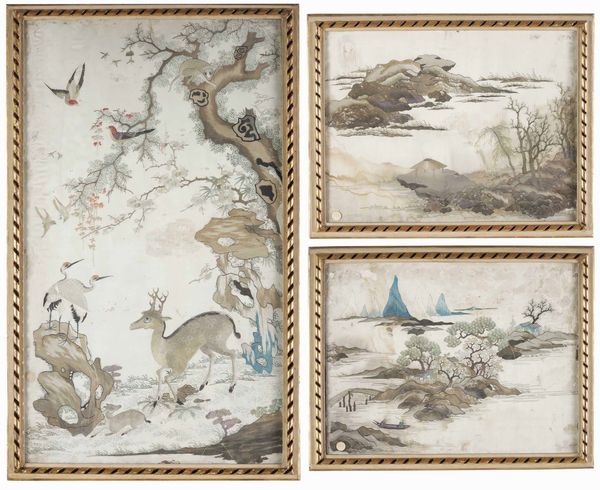 Serie di tre dipinti con paesaggi in tecnica mista. Cina, XIX-XX secolo  - Asta Dimore italiane  - Associazione Nazionale - Case d'Asta italiane
