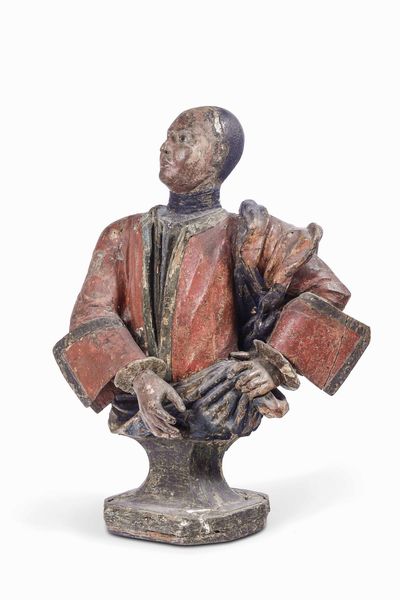 Busto in legno intagliato e dipinto raffigurante giovane paggio. Venezia, XVIII secolo  - Asta Dimore italiane  - Associazione Nazionale - Case d'Asta italiane