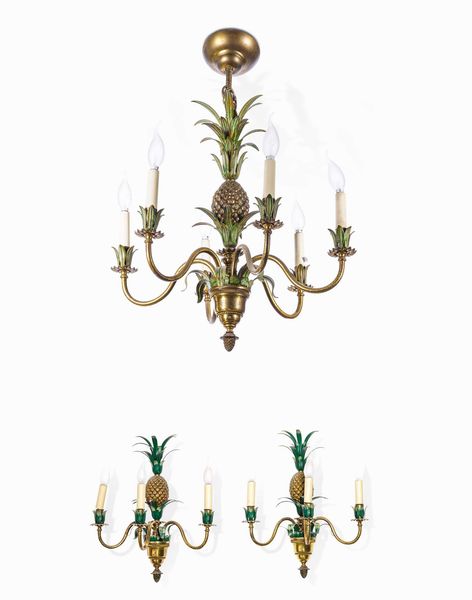 Lampadario e coppia di appliques in bronzo con decoro a frutti e foglie, XX secolo  - Asta Dimore italiane  - Associazione Nazionale - Case d'Asta italiane