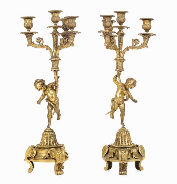 Coppia di candelabri in bronzo dorato, XIX secolo  - Asta Dimore italiane  - Associazione Nazionale - Case d'Asta italiane