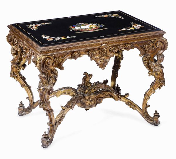Consolle in legno intagliato e dorato con piano in commesso di marmi fiorentino. XIX-XX secolo  - Asta Dimore italiane  - Associazione Nazionale - Case d'Asta italiane