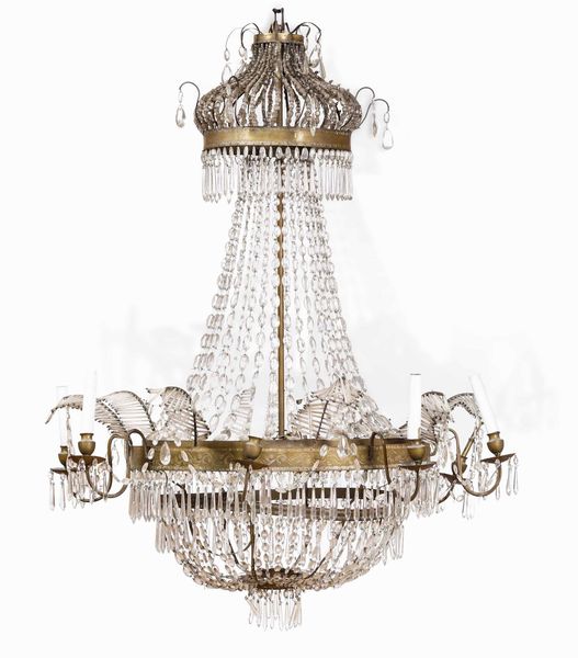 Lampadario a otto luci in bronzo patinato, dorato e gocce di cristallo. Francia, XIX secolo  - Asta Dimore italiane  - Associazione Nazionale - Case d'Asta italiane