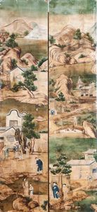 Tre grandi dipinti su carta raffiguranti paesaggio con scene di vita comune, Cina, Dinastia Qing, epoca Qianlong (1736-1796)  - Asta Dimore italiane  - Associazione Nazionale - Case d'Asta italiane