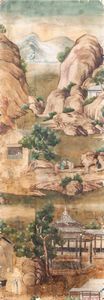 Tre grandi dipinti su carta raffiguranti paesaggio con scene di vita comune, Cina, Dinastia Qing, epoca Qianlong (1736-1796)  - Asta Dimore italiane  - Associazione Nazionale - Case d'Asta italiane