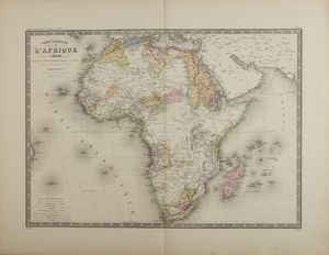 A. Bruè - GeographeCarte generale de l'Afrique, 1875Revue par E.Levasseur, Membre de l'istitut Geographique de Parised. Ch. Delagraveincisione acquarellata su carta