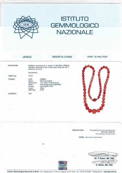 Collana in corallo Secundum  - Asta Asta 102 - Gioielli, Orologi e Argenti - Associazione Nazionale - Case d'Asta italiane