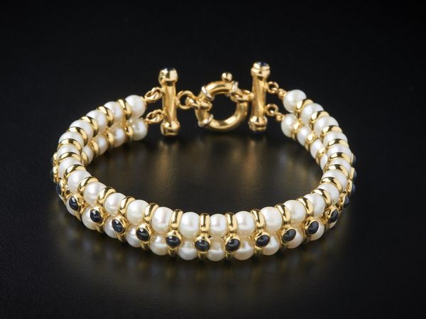 . : Bracciale di perle coltivate bianche 5.20 mm con struttura in oro giallo 750/1000 e piccoli zaffiri blu taglio cabochon.  - Asta Asta 366 | GIOIELLI - OROLOGI - Giunonicae Online - Associazione Nazionale - Case d'Asta italiane