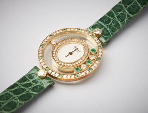 CHOPARD : Orologio da donna in oro giallo 750/1000  modello Happy Diamonds  con diamanti e smeraldi di eccezionale qualit� e purezza.  - Asta Asta 366 | GIOIELLI - OROLOGI - Giunonicae Online - Associazione Nazionale - Case d'Asta italiane
