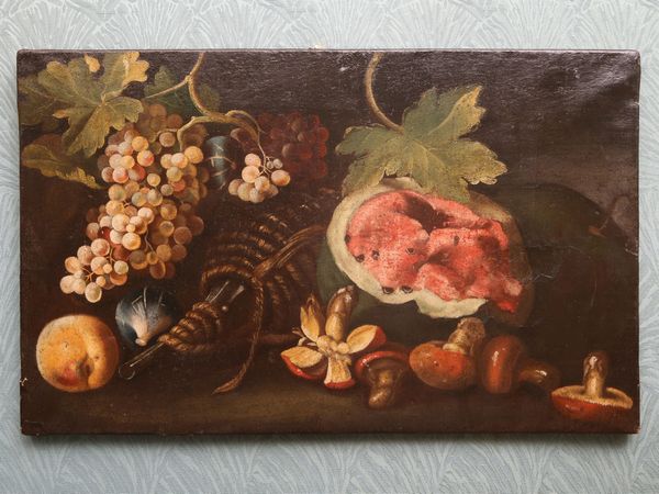,Scuola toscana del XVII secolo : Natura morta con frutta, fiasca e funghi  - Asta House Sale: La casa fiorentina di un collezionista - Associazione Nazionale - Case d'Asta italiane