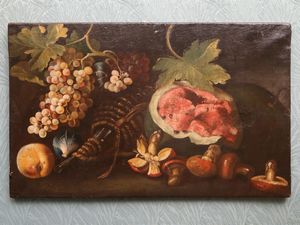 ,Scuola toscana del XVII secolo - Natura morta con frutta, fiasca e funghi