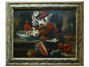 ,Maniera della pittura del XVIII secolo - Natura morta con frutta e pappagallo in un paesaggio