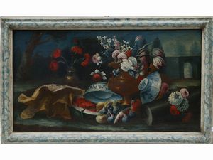 ,Maniera della pittura fiamminga del XVIII secolo - Nature morte in un paesaggio