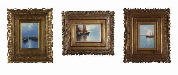 CAVALLERI GIOVANNI (1858 - 1934) : Gruppo di tre opere raffiguranti marine con barche  - Asta Asta 367 | ARTE ANTICA E DEL XIX SECOLO Virtuale - Associazione Nazionale - Case d'Asta italiane