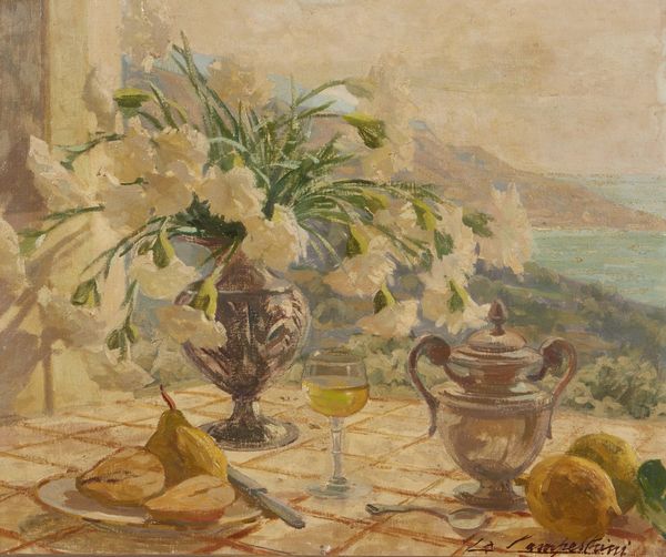 CAMPESTRINI GIANFRANCO (1901 - 1979) : Paesaggio marino con natura morta di fiori, limoni e calice  - Asta Asta 367 | ARTE ANTICA E DEL XIX SECOLO Virtuale - Associazione Nazionale - Case d'Asta italiane