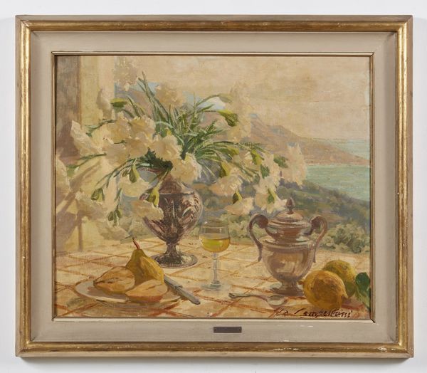 CAMPESTRINI GIANFRANCO (1901 - 1979) : Paesaggio marino con natura morta di fiori, limoni e calice  - Asta Asta 367 | ARTE ANTICA E DEL XIX SECOLO Virtuale - Associazione Nazionale - Case d'Asta italiane