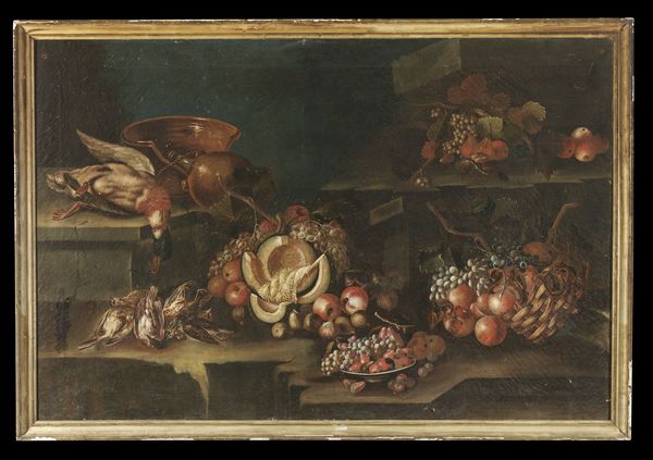 ARTISTA DEL XVII-XVIII SECOLO : Natura morta con frutta, melone e cacciagione  - Asta Asta 367 | ARTE ANTICA E DEL XIX SECOLO Virtuale - Associazione Nazionale - Case d'Asta italiane