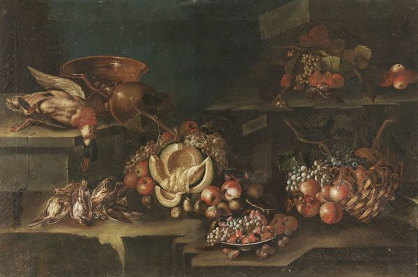 ARTISTA DEL XVII-XVIII SECOLO : Natura morta con frutta, melone e cacciagione  - Asta Asta 367 | ARTE ANTICA E DEL XIX SECOLO Virtuale - Associazione Nazionale - Case d'Asta italiane