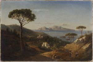 FERGOLA SALVATORE  (1799 - 1874) - Paesaggio con contadini e mare sullo sfondo