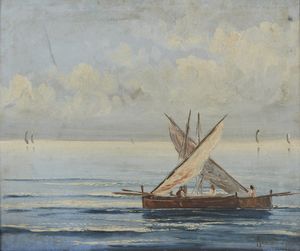 ARTISTA DEL XIX SECOLO - Marina con barche e personaggi