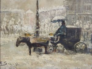 SOLENGHI  GIUSEPPE (1879 - 1944) - Paesaggio innevato con carrozza e personaggio