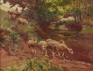 BELTRAME ACHILLE (1871 - 1945) - Pecore all'abbeveraggio