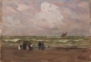 SCATTOLA FERRUCCIO (1873 - 1950) - Paesaggio marino con personaggi