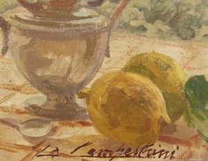 CAMPESTRINI GIANFRANCO (1901 - 1979) : Paesaggio marino con natura morta di fiori, limoni e calice  - Asta Asta 367 | ARTE ANTICA E DEL XIX SECOLO Virtuale - Associazione Nazionale - Case d'Asta italiane