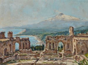 ARTISTA DEL XX SECOLO - Veduta del teatro greco di Taormina con l'Etna sullo sfondo