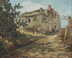 BUONO LEON GIUSEPPE (1887 - 1975) - Paesaggio di campagna con casolare e personaggi
