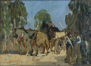 BOTTI RENZO (1886 - 1953) - Paesaggio con carro e personaggi