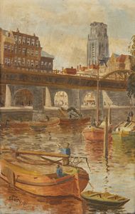 KRUITHOF (1905-?) CORNELIS PIETER - Canale olandese con barche e personaggi