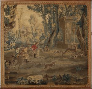 MANIFATTURA DI AUBUSSON XVIII SECOLO - Arazzo raffigurante la caccia al cervo entro bordura decorata a medaglioni