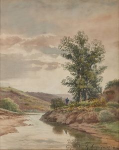 HARPIGNIES HENRI JOSEPH (1819 - 1916) - Paesaggio fluviale con pescatore