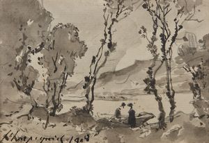 HARPIGNIES HENRI JOSEPH (1819 - 1916) - Paesaggio con imbarcazione in riva del fiume