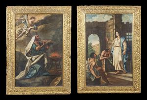 ARTISTA DEL XVII SECOLO - Coppia di dipinti raffiguranti Elia e l'angelo e lezione ai Farisei