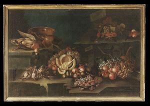 ARTISTA DEL XVII-XVIII SECOLO - Natura morta con frutta, melone e cacciagione