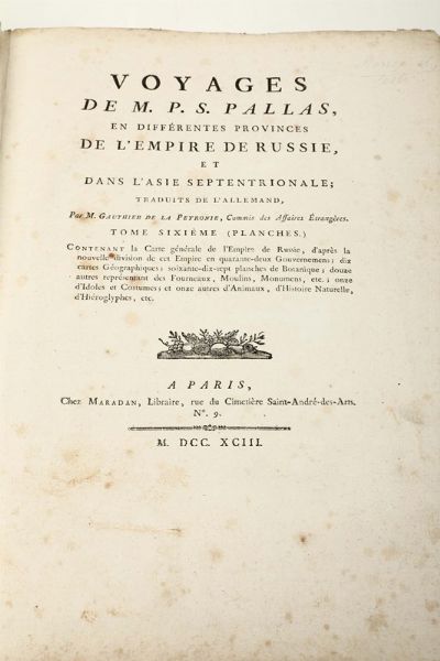 Voyages de M.P.S. Pallas..., Paris, Maradan, 1793, solo tomo sesto (planches)  - Asta Libri Antichi e Rari - Associazione Nazionale - Case d'Asta italiane