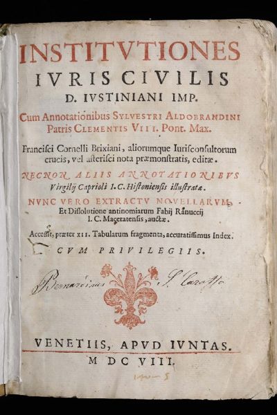 Istitutiones Iuris Civilis, Venezia, Giunti, 1608  - Asta Libri Antichi e Rari - Associazione Nazionale - Case d'Asta italiane